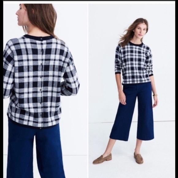 Madewell Merino Wool cream/blue plaid button back crew sweater - Picture 1 of 12